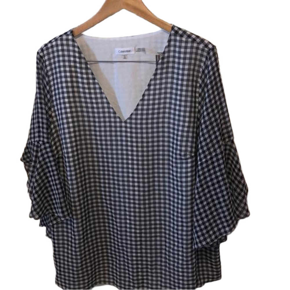 Calvin Klein GUC size 1X beautiful square gray and black blouse…